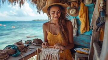 AI generated A young woman in a summer linen sundress weaves macrame while sitting in a hut on the ocean shore photo