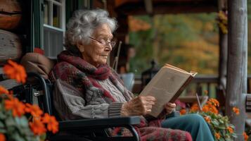 AI generated An elderly woman reads a book while sitting in a wheelchair on the veranda of an American house photo