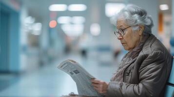 AI generated An elderly woman reads a book while sitting in a wheelchair on the veranda of an American house photo