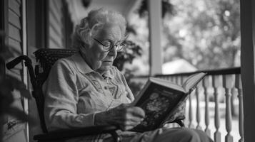 AI generated An elderly woman reads a book while sitting in a wheelchair on the veranda of an American house photo