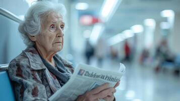 AI generated An elderly woman reads a book while sitting in a wheelchair on the veranda of an American house photo