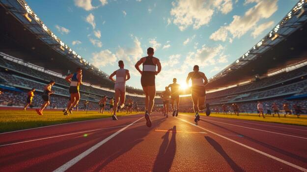 AI generated Athletes runners run up to the finish line at the stadium photo
