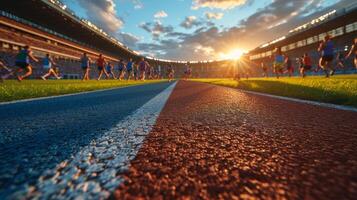 AI generated Athletes runners run up to the finish line at the stadium photo