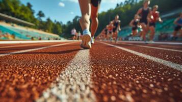 AI generated Athletes runners run up to the finish line at the stadium photo