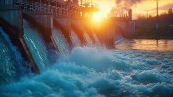 AI generated Beautiful background with a water hydro station on the river. Sunny summer day photo