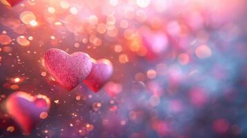 AI generated Beautiful blurred background with pink hearts and transparent bokeh lights photo