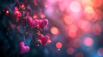 AI generated Beautiful blurred background with pink hearts and transparent bokeh lights photo