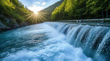 AI generated Beautiful background with a water hydro station on the river. Sunny summer day photo