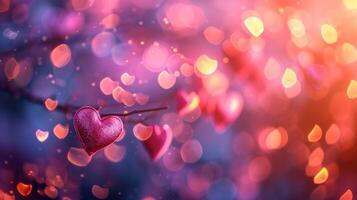 ai generado hermosa borroso antecedentes con rosado corazones y transparente bokeh luces foto