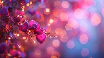 AI generated Beautiful blurred background with pink hearts and transparent bokeh lights photo