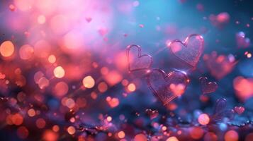 ai generado hermosa borroso antecedentes con rosado corazones y transparente bokeh luces foto