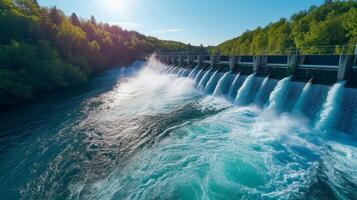 AI generated Beautiful background with a water hydro station on the river. Sunny summer day photo