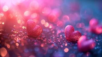 AI generated Beautiful blurred background with pink hearts and transparent bokeh lights photo