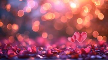 AI generated Beautiful blurred background with pink hearts and transparent bokeh lights photo