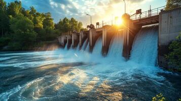 AI generated Beautiful background with a water hydro station on the river. Sunny summer day photo