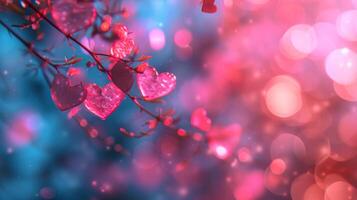 AI generated Beautiful blurred background with pink hearts and transparent bokeh lights photo