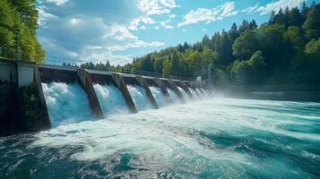 AI generated Beautiful background with a water hydro station on the river. Sunny summer day photo