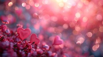 AI generated Beautiful blurred background with pink hearts and transparent bokeh lights photo