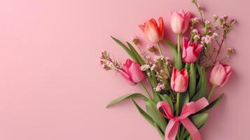 AI generated Beautiful card with flowers for congratulations on Women's Day on March 8 with plenty of space for text photo