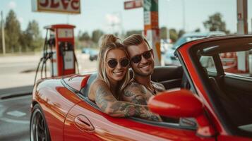 ai generado hermosa Pareja con tatuajes sentado en un rojo Deportes coche a un gas estación foto