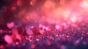 ai generado hermosa borroso antecedentes con rosado corazones y transparente bokeh luces foto