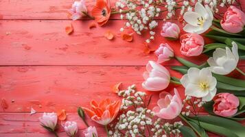 ai generado hermosa tarjeta con flores para Felicidades en De las mujeres día en marzo 8 con mucho de espacio para texto foto