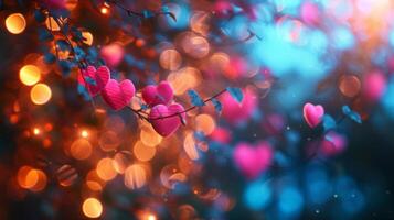 ai generado hermosa borroso antecedentes con rosado corazones y transparente bokeh luces foto