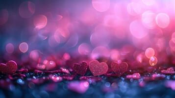 AI generated Beautiful blurred background with pink hearts and transparent bokeh lights photo