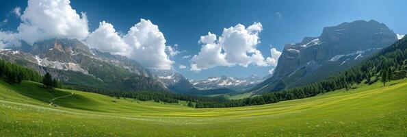 AI generated Beautiful photo with endless alpine green meadows and mountains in the background