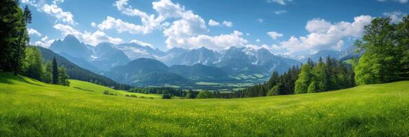 AI generated Beautiful photo with endless alpine green meadows and mountains in the background