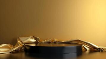 AI generated black podium on a gold minimalistic background. A golden satin ribbon lies nearby photo