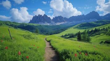 AI generated Beautiful photo with endless alpine green meadows and mountains in the background