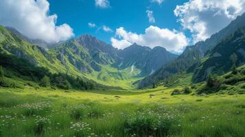 AI generated Beautiful photo with endless alpine green meadows and mountains in the background