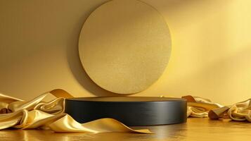AI generated black podium on a gold minimalistic background. A golden satin ribbon lies nearby photo