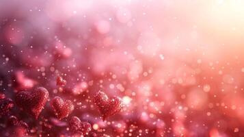 AI generated Blurred light pink background with small glowing hearts and large space for text photo