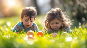 AI generated Cheerful children are looking for colorful Easter eggs in the bright green grass on a sunny day photo