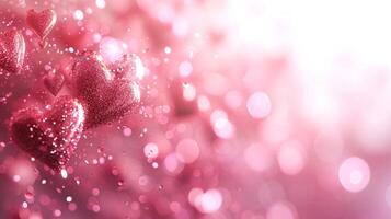 AI generated Blurred light pink background with small glowing hearts and large space for text photo