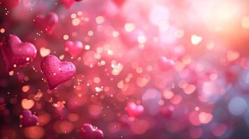 AI generated Blurred light pink background with small glowing hearts and large space for text photo