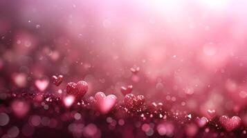 AI generated Blurred light pink background with small glowing hearts and large space for text photo