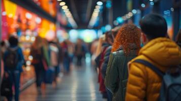 ai generado borroso antecedentes de un multitud de personas en pie en línea a un Tienda foto