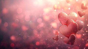 AI generated Blurred light pink background with small glowing hearts and large space for text photo
