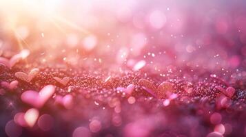 AI generated Blurred light pink background with small glowing hearts and large space for text photo