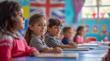 ai generado niños son sentado en un colegio salón de clases foto