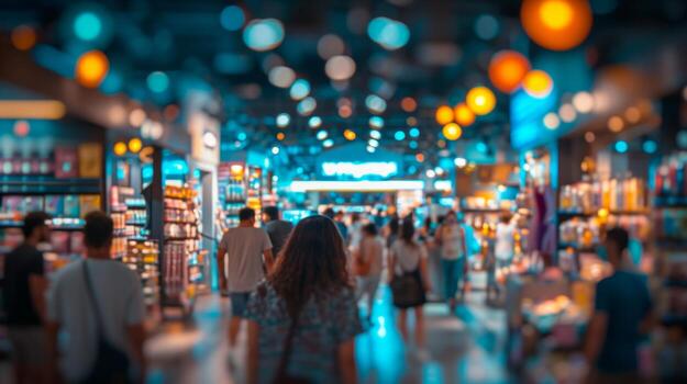 AI generated Blurred background of a crowd of people standing in line at a store photo