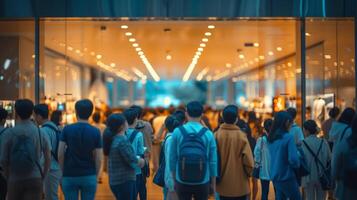 AI generated Blurred background of a crowd of people standing in line at a store photo