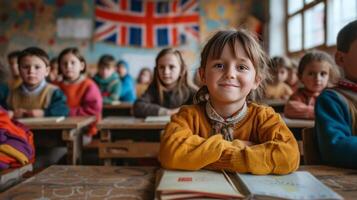 ai generado niños son sentado en un colegio salón de clases foto