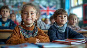 AI generated Children are sitting in a school classroom photo