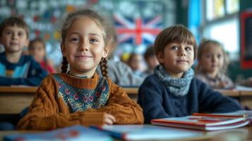 ai generado niños son sentado en un colegio salón de clases foto