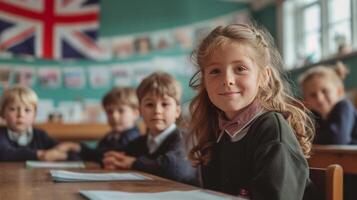 ai generado niños son sentado en un colegio salón de clases foto