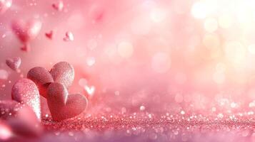 AI generated Blurred light pink background with small glowing hearts and large space for text photo